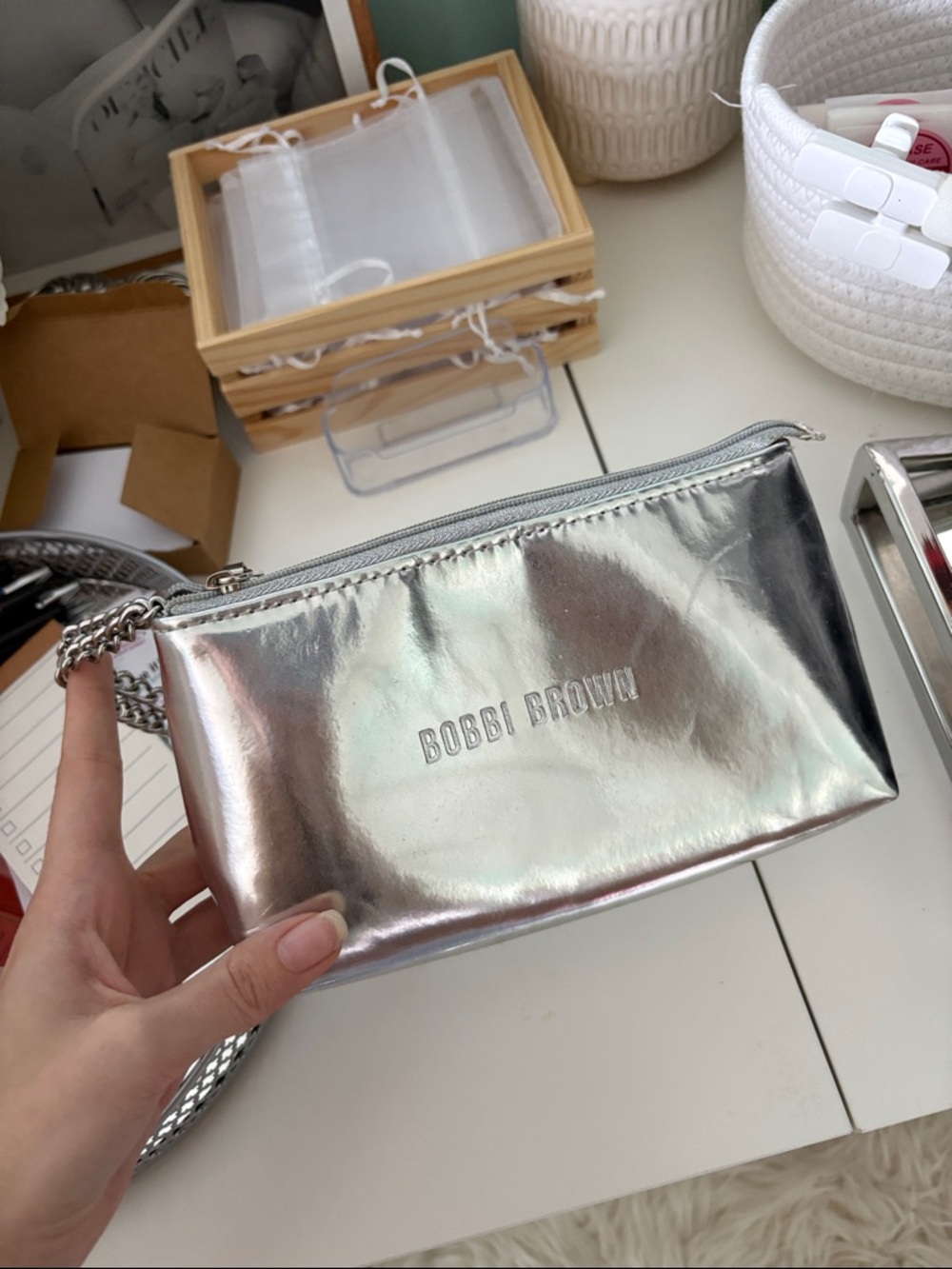 Bobbi Brown Silver Metallic Cosmetic Crossbody Pouch
